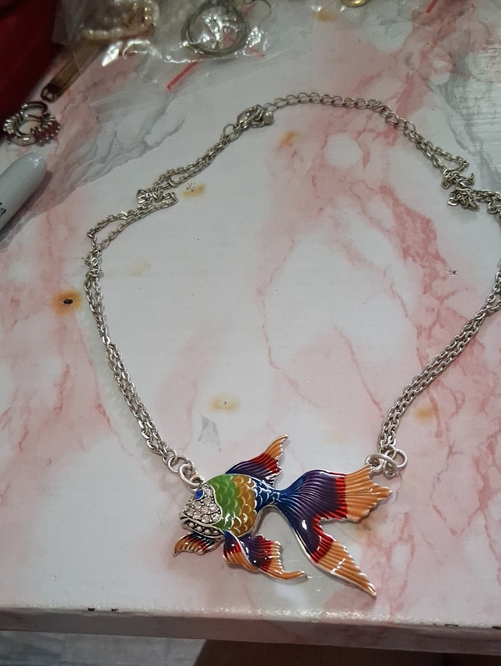 Silver Rainbow Fish Pendant Necklace - Colorful Enamel Fish Jewelry vintage